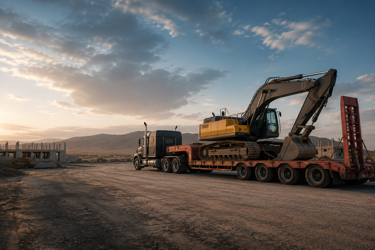 A large tractor on a heavy equipment trailer