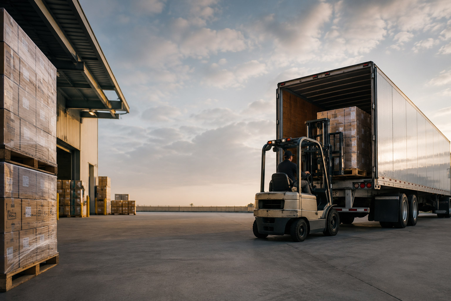 A forklift loading pallets into a truck