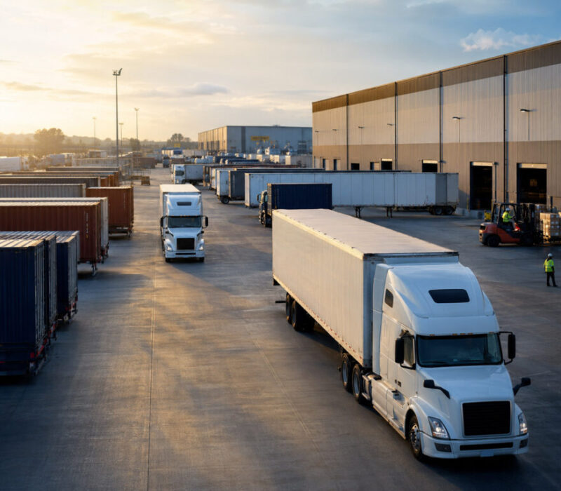 Trucks ready for delivery and leaving a loading dock