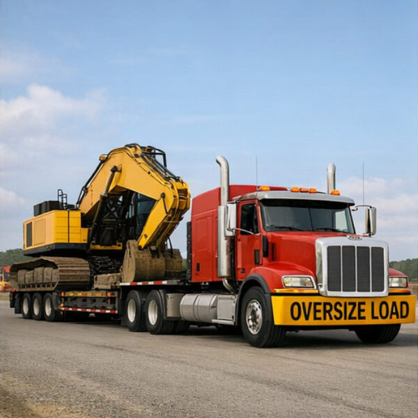 Truck with heavy equipment loaded on trailer