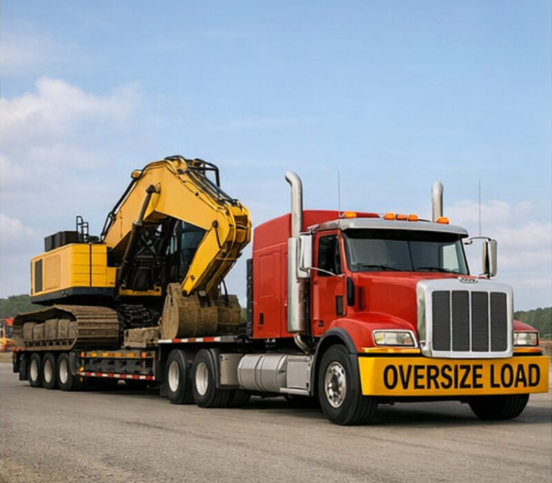 Truck with heavy equipment loaded on trailer